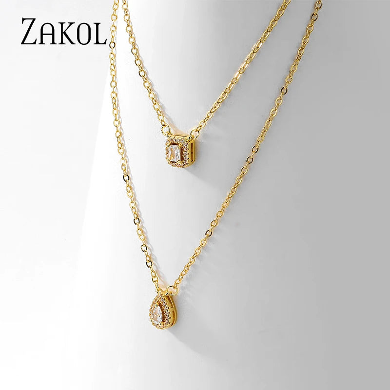 Rectangle Choker Necklace Double Layer Chain AAA Cubic Zirconia NP2243