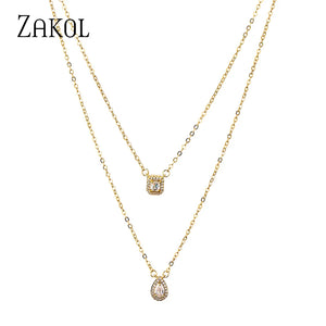Rectangle Choker Necklace Double Layer Chain AAA Cubic Zirconia NP2243