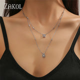 Rectangle Choker Necklace Double Layer Chain AAA Cubic Zirconia NP2243