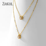 Rectangle Choker Necklace Double Layer Chain AAA Cubic Zirconia NP2243