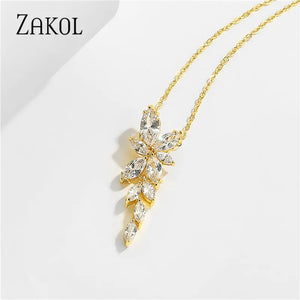 Zirconia Crystal Leaf Pendant Necklace for Women Wedding Earrings Bridal Jewelry