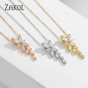 Zirconia Crystal Leaf Pendant Necklace for Women Wedding Earrings Bridal Jewelry