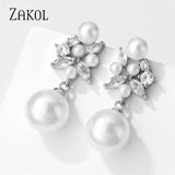 Flower Shape Pearl Dangle Earrings Zircon Bridal Wedding Jewelry