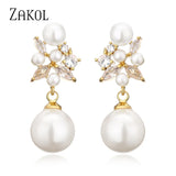 Flower Shape Pearl Dangle Earrings Zircon Bridal Wedding Jewelry
