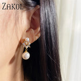 Flower Shape Pearl Dangle Earrings Zircon Bridal Wedding Jewelry