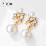 Flower Shape Pearl Dangle Earrings Zircon Bridal Wedding Jewelry