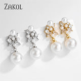 Flower Shape Pearl Dangle Earrings Zircon Bridal Wedding Jewelry