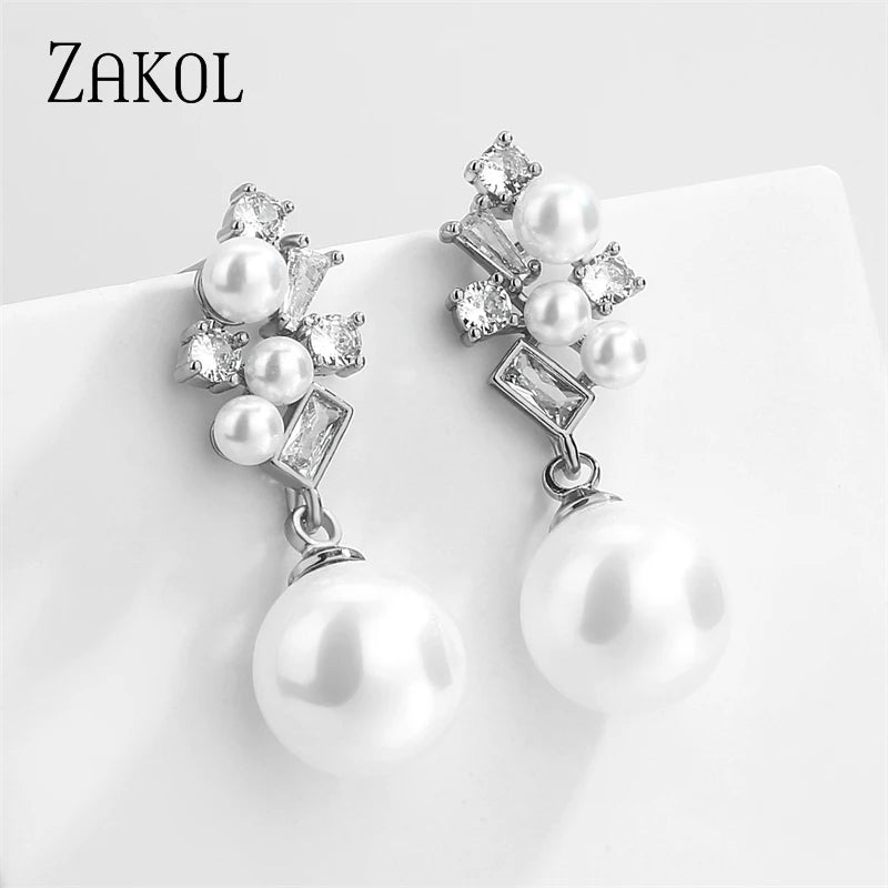 Flower Shape Pearl Dangle Earrings Zircon Bridal Wedding Jewelry