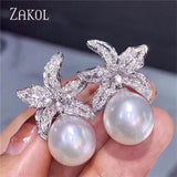 Flower Pearl Earrings CZ Stone Wedding Jewelry