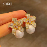 Flower Pearl Earrings CZ Stone Wedding Jewelry