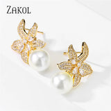 Flower Pearl Earrings CZ Stone Wedding Jewelry