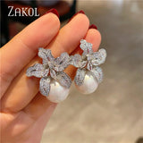 Flower Pearl Earrings CZ Stone Wedding Jewelry