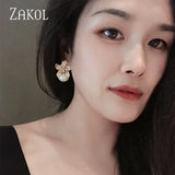 Flower Pearl Earrings CZ Stone Wedding Jewelry
