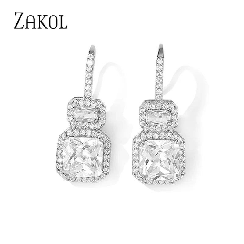 Princess Square CZ Drop Earrings Yellow Wedding Jewelry