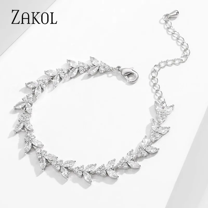CZ Chain Link Adjustable Bracelet for Women Leaf Shape Bridal Jewelry