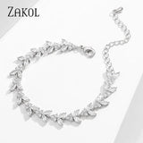 CZ Chain Link Adjustable Bracelet for Women Leaf Shape Bridal Jewelry