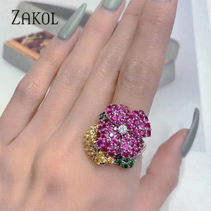 Micro Zirconia Flower Ring Colorful Zircon Adjustable Party Jewelry