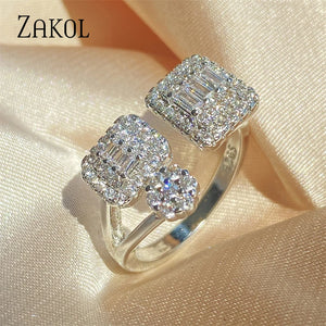 Geometric Square Open Rings with Zircon Inlay