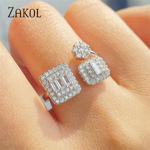 Geometric Square Open Rings with Zircon Inlay