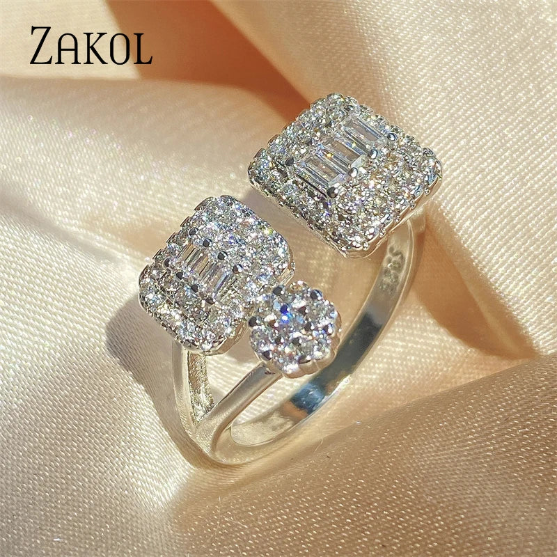 Geometric Square Open Rings with Zircon Inlay