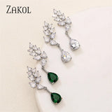 Green Water Drop CZ Zirconia Dangle Earrings Leaf Bridal Wedding