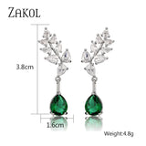Green Water Drop CZ Zirconia Dangle Earrings Leaf Bridal Wedding