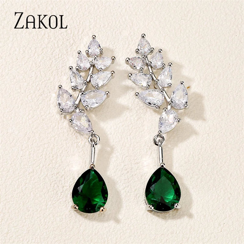 Green Water Drop CZ Zirconia Dangle Earrings Leaf Bridal Wedding