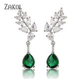 Green Water Drop CZ Zirconia Dangle Earrings Leaf Bridal Wedding