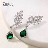 Green Water Drop CZ Zirconia Dangle Earrings Leaf Bridal Wedding