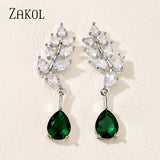 Green Water Drop CZ Zirconia Dangle Earrings Leaf Bridal Wedding