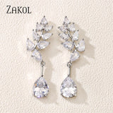 Green Water Drop CZ Zirconia Dangle Earrings Leaf Bridal Wedding