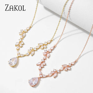 CZ Leaf Necklace Water Drop Pendant Wedding Jewelry