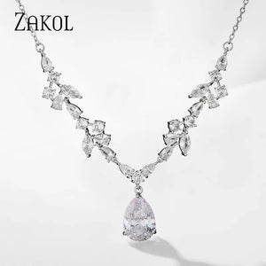 CZ Leaf Necklace Water Drop Pendant Wedding Jewelry