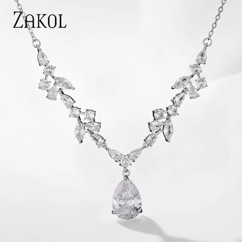 CZ Leaf Necklace Water Drop Pendant Wedding Jewelry