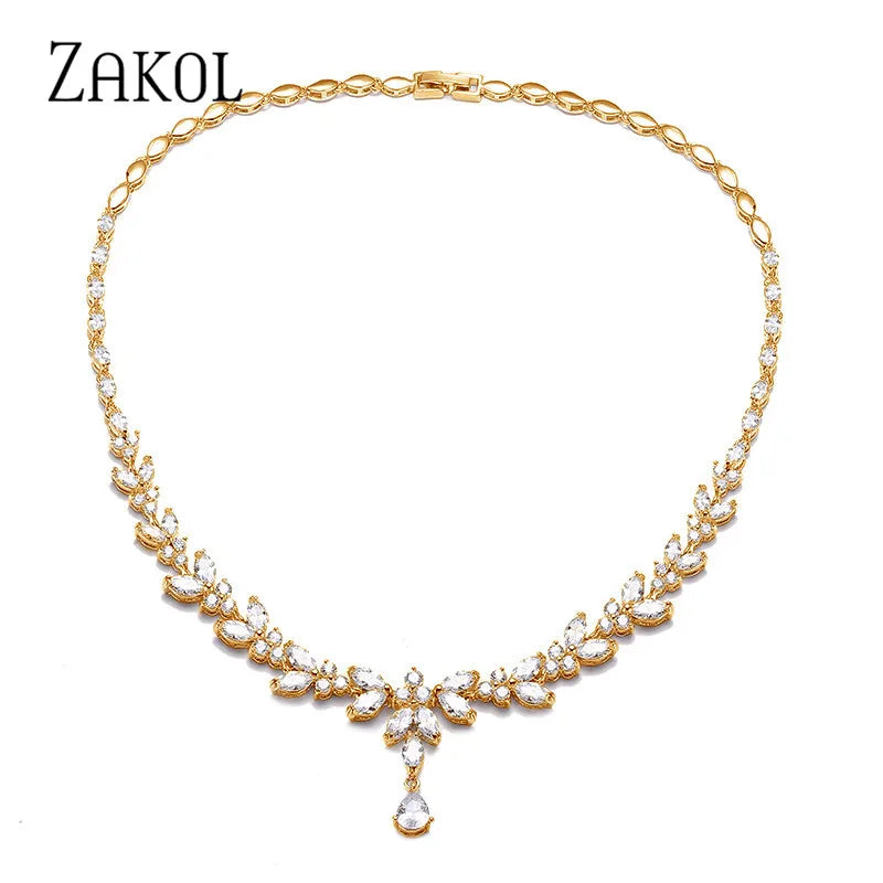 Marquise Cut CZ Leaf Necklace for Women Bridal Wedding Party Jewelry