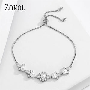 Pearl Charm Bracelet with Zircon Flower, Wedding Jewelry