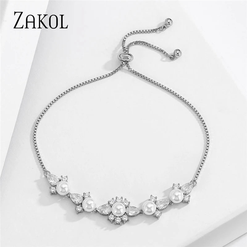 Pearl Charm Bracelet with Zircon Flower, Wedding Jewelry