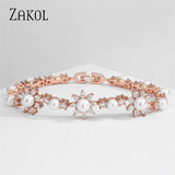 Pearl Charm Bracelet with Zircon Flower, Wedding Jewelry