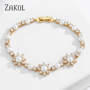 Pearl Charm Bracelet with Zircon Flower, Wedding Jewelry
