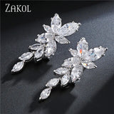 Marquise Cut Cluster Flower Zirconia Crystal Long Dangle Drop Earrings