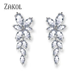 Marquise Cut Cluster Flower Zirconia Crystal Long Dangle Drop Earrings