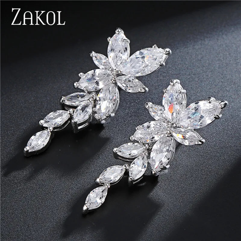 Marquise Cut Cluster Flower Zirconia Crystal Long Dangle Drop Earrings