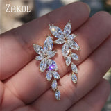Marquise Cut Cluster Flower Zirconia Crystal Long Dangle Drop Earrings