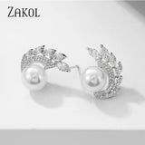 Simulated Pearl Stud Earrings with CZ Weddings Jewelry