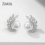 Simulated Pearl Stud Earrings with CZ Weddings Jewelry