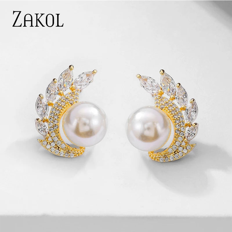 Simulated Pearl Stud Earrings with CZ Weddings Jewelry