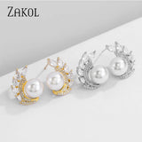 Simulated Pearl Stud Earrings with CZ Weddings Jewelry