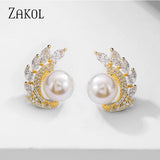 Simulated Pearl Stud Earrings with CZ Weddings Jewelry