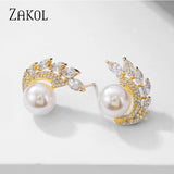 Simulated Pearl Stud Earrings with CZ Weddings Jewelry
