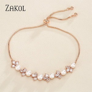 Round Pearls Bracelets Leaf Zirconia Adjustable Wedding Jewelry